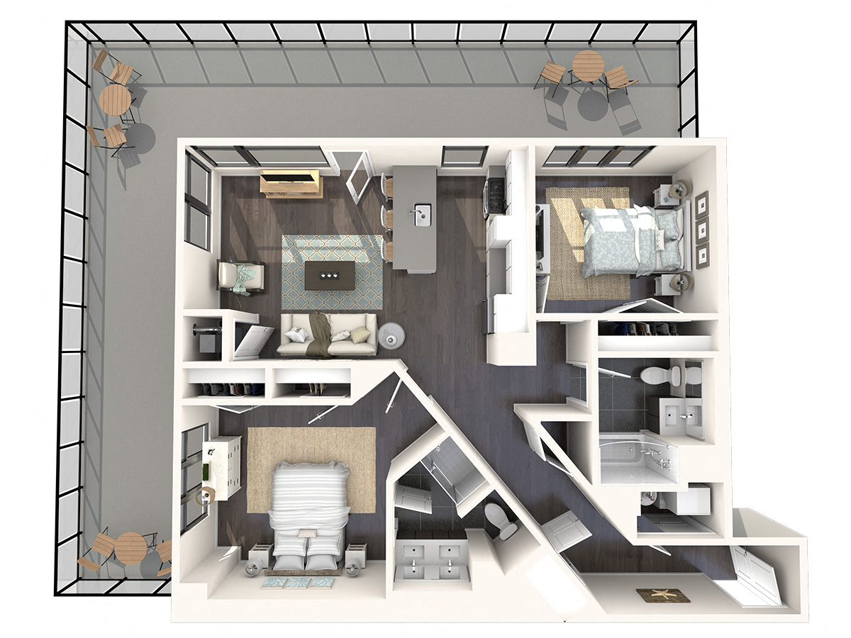 Floor plan for 2 beds, 2 baths, 1111 sqft
